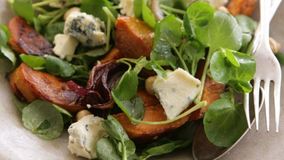 Salad days: Warm salad of blue cheese with sweet potato, hazelnuts and watercress.