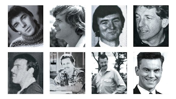 Victims … (clockwise from top left) Gilles Mattaini, Scott Johnson, Raymond Keam, John Russell, Ross Warren, Cyril Olsen, Peter Sheil and Richard Johnson.