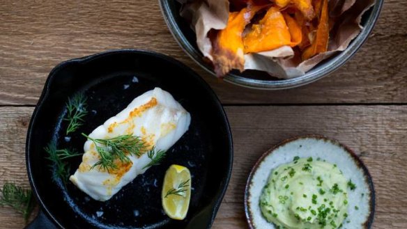 Adam Liaw's pan-roasted ling with sweet potato chips and avocado yoghurt.