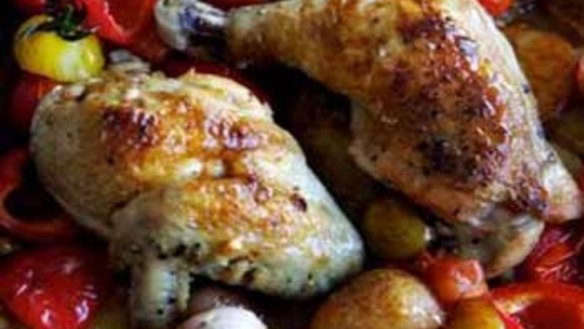 Sticky lemon roast chicken with sweet tomatoes
