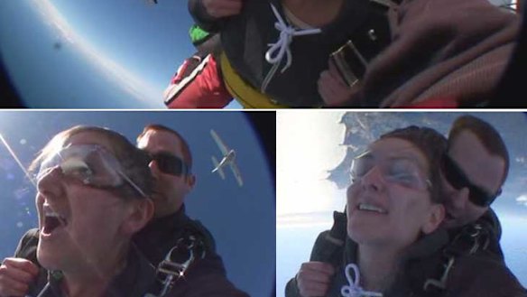 There she goes ... no signs of flappy face here as <i>smh.com.au</i> reporter Stephanie Gardiner overcomes her worst fear and leaps from a plane at 14,000 feet.