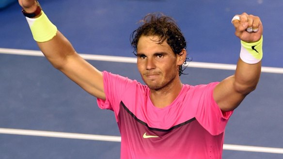 Relief: Rafael Nadal celebrates winning his men's singles match against Tim Smyczek.