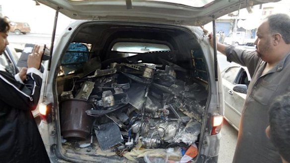 The remains of what Islamic State militants say was a drone that crashed in Raqqa.