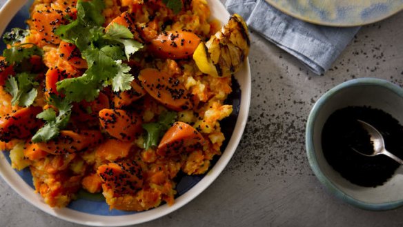 Carrot and potato salad with caraway, lemon and nigella seeds is beautiful served with sardines.