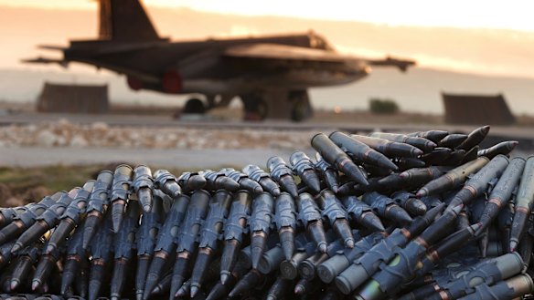 A load of ammunition is prepared to be loaded on to Russian war planes at Hemeimeem air base in Syria last year.