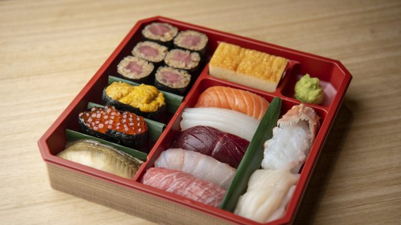 Takeaway luxury: A mixed sushi box from Kuon Omakase in Darling Square.