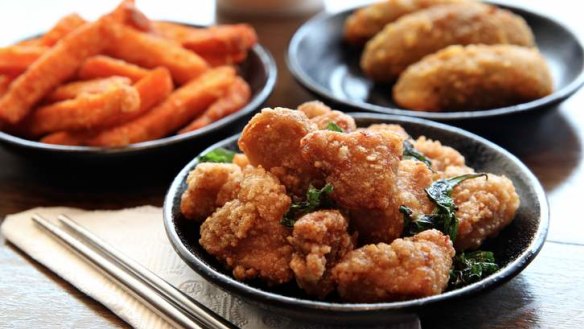 Salt-and-pepper fried chicken, sweet potato fries and jalapeno cheese sticks.