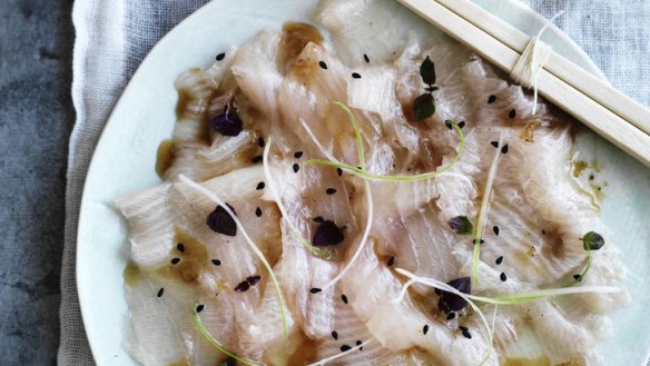 Neil Perry's sashimi of hiramasa kingfish with modern sashimi dressing.