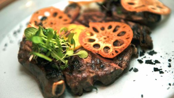 Porterhouse steak with coconut butter and lotus root.