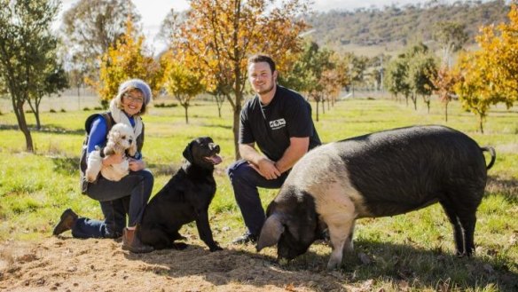 Sherry McArdle-English with her truffle dog Snuffle,  manager Jayson Mesman with Samson the truffle dog, and Winnie the truffle pig.