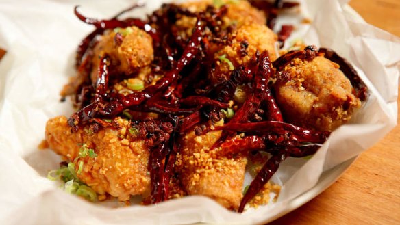 Chongqing-style fried chicken with chilli and pepper.