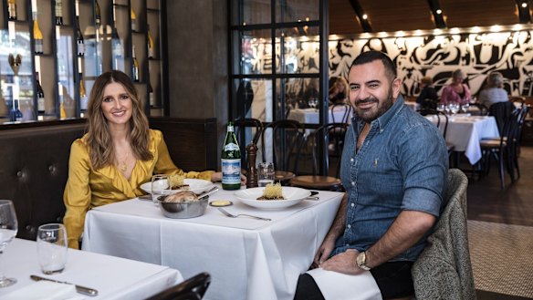 Kate Waterhouse has lunch with fashion designer Steven Khalil at Bistro Moncur, Woollahra. (Photo by Jessica Hromas/Fairfax Media)