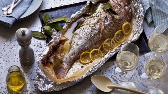 Whole snapper with dried oregano and lemon.