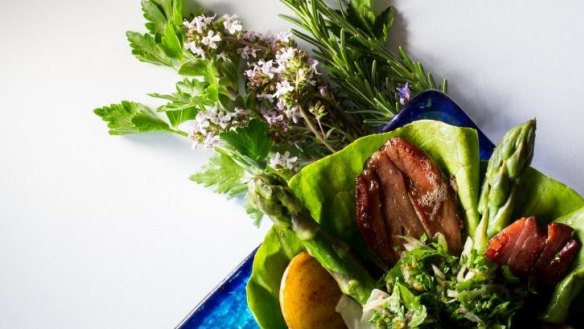 Salad of tongue, butter lettuce, spring vegetables and salsa verde.