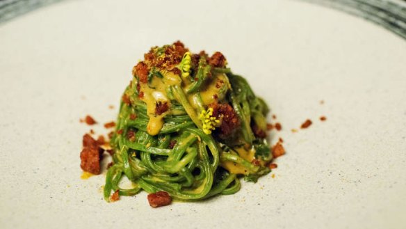 Stinging nettle chitarra, with mussel cream, crisp pork and fennel pollen.