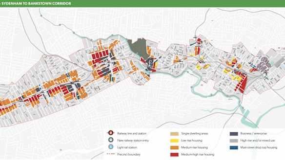 A map of the areas of change from Sydenham to Bankstown. 