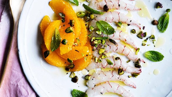 Scampi crudo with orange, pistachio and mint.