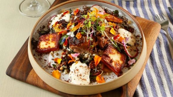 Israeli cous cous and lentil salad with haloumi and slow-cooked lamb.