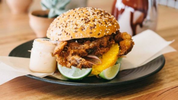 Soft-shell crab burger with lime and peanut mayo.