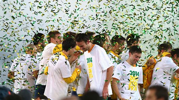 The Socceroos celebrate.