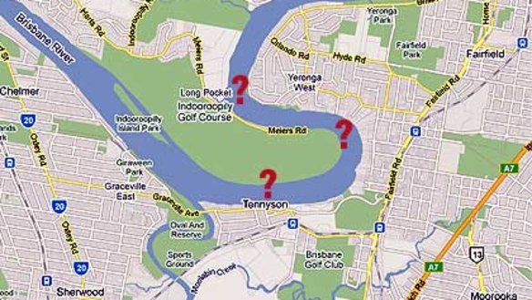 Possible locations for a bridge linking Yeronga with the western suburbs.
