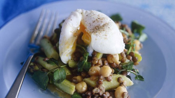 Asparagus and lentil salad with poached eggs.