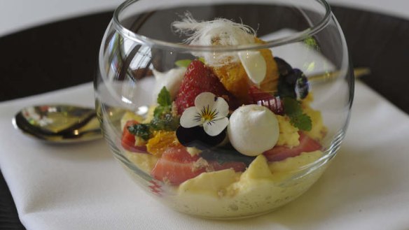 Balanced: Windsor strawberries and cream meringue, custard, mint cloud, freeze-dried mandarin.