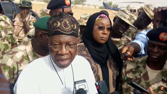 Lai Muhammed, Nigerian Minister of Information, speaks to the media in Dapchi, Yobe State, Nigeria.