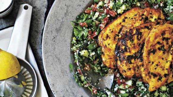 Spiced chicken breast with garlic and mint yoghurt.