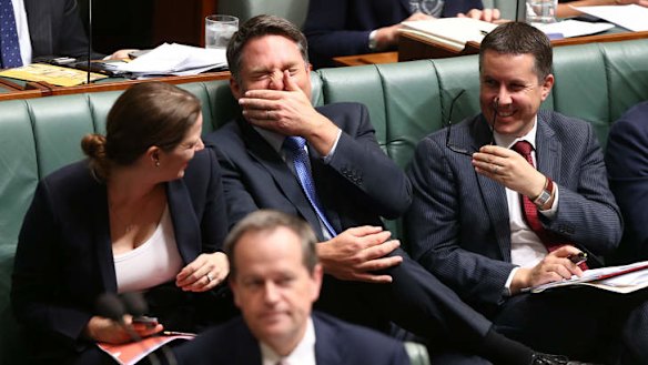 Labor MPs Kate Ellis, Richard Marles and Mark Butler during QT. Photo: Alex Ellinghausen