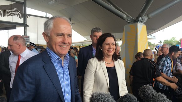 The Prime Minister and Premier at the opening of the Redcliffe Peninsula line last October.