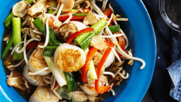 Neil Perry's stir-fried scallops with bean sprouts.