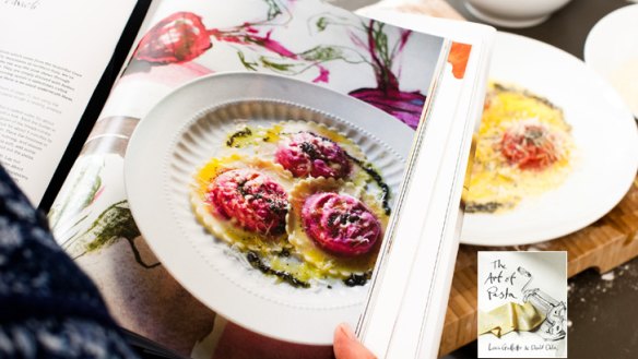 Beetroot ravioli from The Art of Pasta (book cover inset).