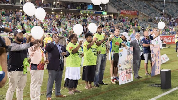 Kato Ottio tribute - Australian National Rugby League (NRL) Round 2 - Canberra Raiders vs Newcastle Knights. Match was played on Sunday night at GIO Stadium, Canberra, ACT, Australia on 18 March 2018. Photo: Ben Southall | Raiders Media The Canberra Raiders paid tribute to Kato Ottio following their NRL clash with the Newcastle Knights.