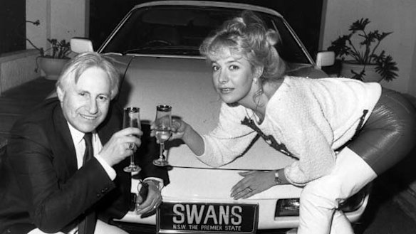 Those were the days ... Geoffrey Edelsten and former wife Leanne toast buying the Sydney Swans licence in 1986 ... and went about promoting the club in all sorts of ways