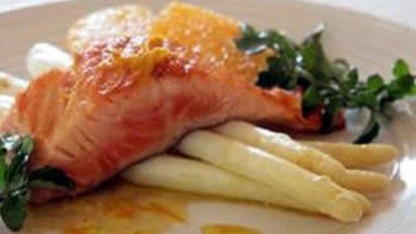 White asparagus with ocean trout and orange vinaigrette