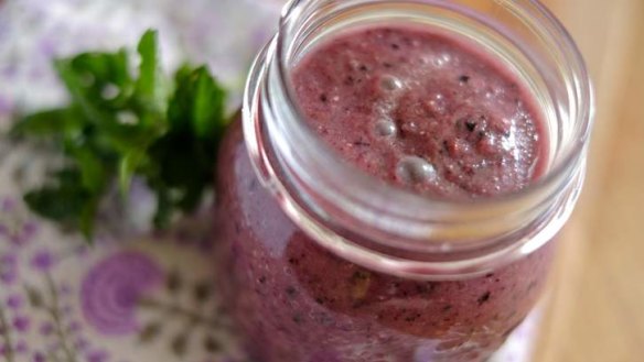 Power-packed breakfast in a jar: Blueberry and mint smoothie with celery.