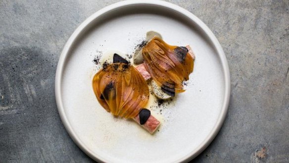 Smoked eel, onions, black malt vinegar at Automata.