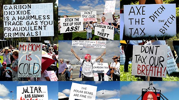 All sorts: A selection of placards at yesterday’s anti-carbon tax protest at Parliament House.