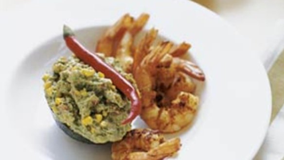 Spicy BBQ Prawns with Avocado & Roast Corn Dip