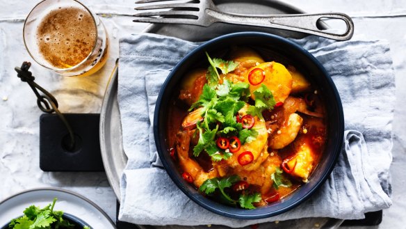 Tagine of prawns, and potatoes.