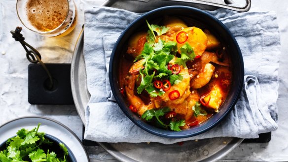 Tagine of prawns, and potatoes.