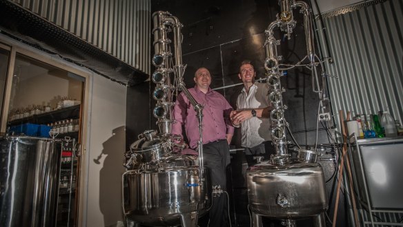 Toby Angstmann (left) and Andy Galbraith in the new Underground Spirits distillery in Canberra.