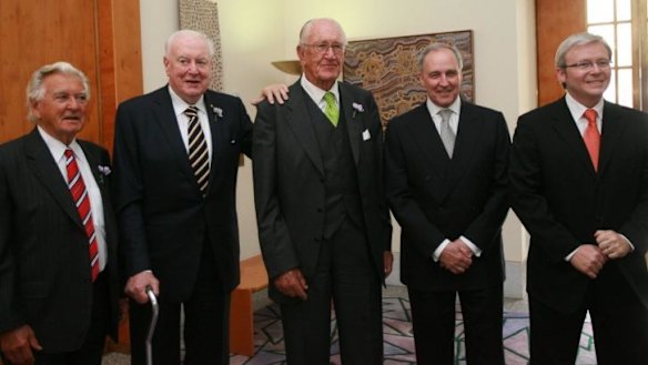 Previous gathering: Bob Hawke, Gough Whitlam, Malcolm Fraser, Paul Keating and Kevin Rudd at the apology to the stolen generations at Parliament House in 2008.