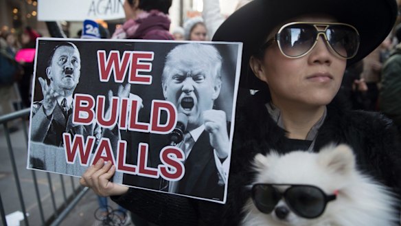 Chong Cha demonstrates against Donald Trump with her dog, Zuzu, outside Trump Tower on November 12.