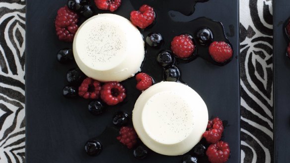 Vanilla bean liqueur panna cotta with liqueur berries.