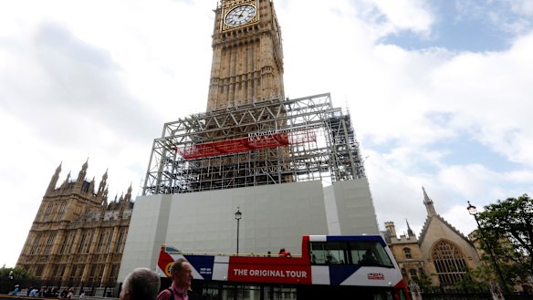 Scaffolding is erected around the Elizabeth Tower, which includes the landmark 'Big Ben' clock.