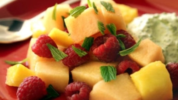 Rockmelon, raspberry and mango salad with spearmint cream