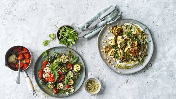 Hetty McKinnon's confit tomato (left) and charred cauliflower salads (recipes below).