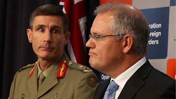 Lieutenant-General Angus Campbell and Immigration Minister Scott Morrison during an Operation Sovereign Borders briefing in Canberra on Wednesday.